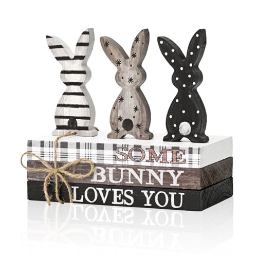 Smile Easter Wooden Stack, Rustic Bunny Mini Faux Books Bundle, Spring Tiered Tray Decorations, Indoor Decor for Kitchen Bathroom and Home Table Shelf - style: Classic Bunny
