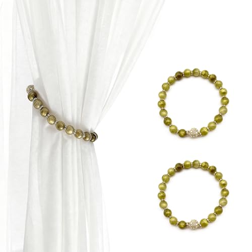 Magnetic Curtain Tiebacks, 2 Pcs Beaded Curtain Holdbacks for Window Curtain Panels, Drapes, Home Décor, 13 Inches (Olive Green) - color: Olive Green