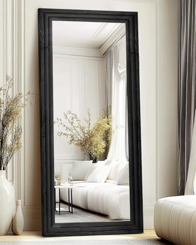 71x30in Full Length Mirror, 3-Tier Stepped Solid Wood Frame, Black - color: Black, size: 71"L x 30"W