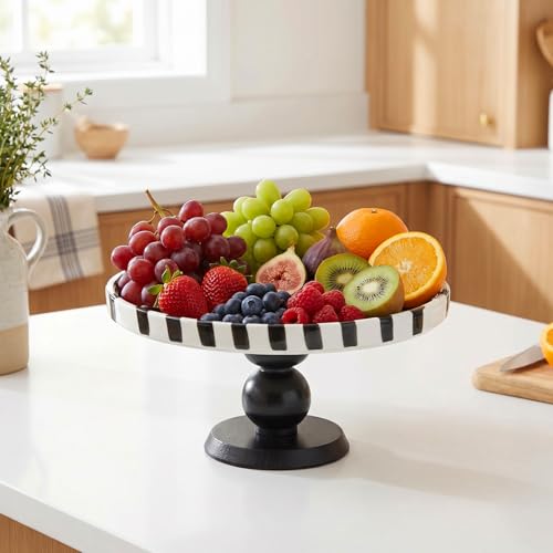 Pedestal Ceramic Fruit Bowl 7.3" Black Striped Decorative Bowl Modern Serving Tray for Kitchen Counter, Bread Fruit Salad Dessert Display Trays, Chic Key Holder for Entry Table Home Decor