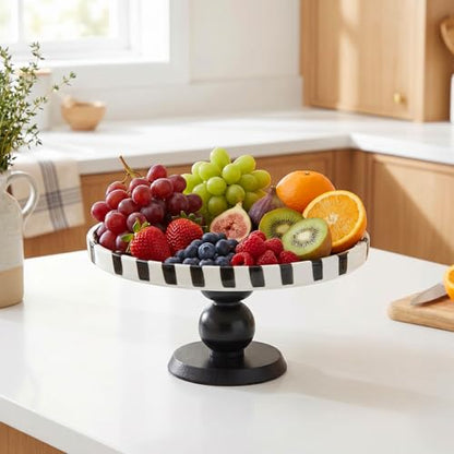 Pedestal Ceramic Fruit Bowl 7.3" Black Striped Decorative Bowl Modern Serving Tray for Kitchen Counter, Bread Fruit Salad Dessert Display Trays, Chic Key Holder for Entry Table Home Decor