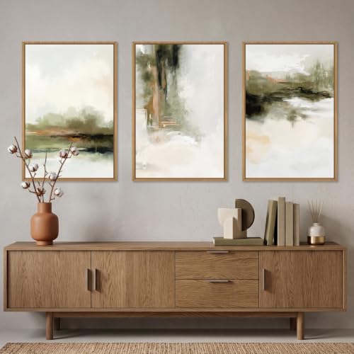 KAIRNE Green Brown Abstract Neutral Framed Canvas Wall Art Set-16"x24"x3 - color: Green Abstract Wall Art, size: 16"L x 24"W