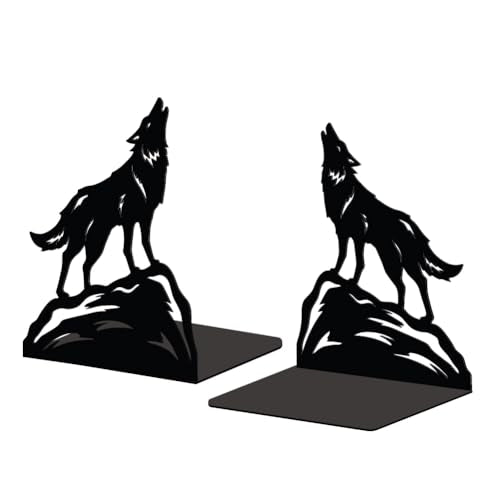 Peacoblue 5.3"x4.3"x6.4" Metal Bookends, Heavy Duty Book Ends for Shelves - style: Howling Wolf