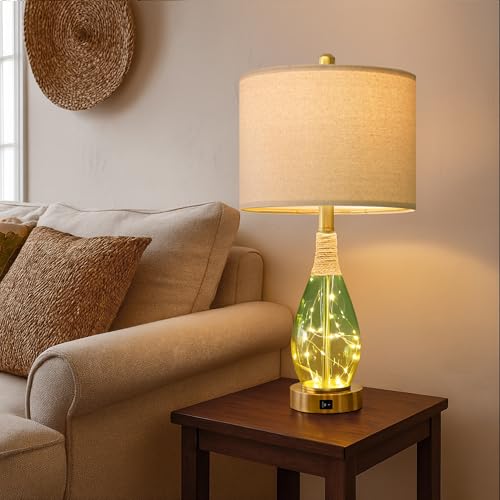 OYEARS 23" Table Lamps Set of 2,Farmhouse Lamps with Glass Nightlight, Bedside Lamps for Living Room, Rattan Lamps for Bedroom Nightstands, Two Light Points - color: Yellow Green