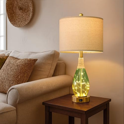 OYEARS 23" Table Lamps Set of 2,Farmhouse Lamps with Glass Nightlight, Bedside Lamps for Living Room, Rattan Lamps for Bedroom Nightstands, Two Light Points - color: Yellow Green