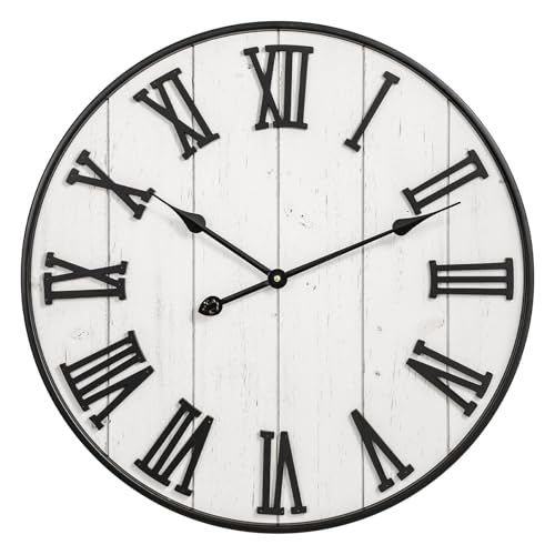 Large Rustic Wooden Wall Clock, 24 Inch Whitewashed Farmhouse Wall Clock with Carved Roman Numerals, Silent Battery Operated Round Vintage Clock for Living Room, Kitchen, Bedroom, Study Room - color: 24 Inch Washedwhite Dial With Black Roman Numerals
