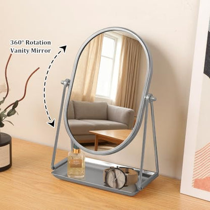 Small Vanity Makeup Mirror Desk Mirror with Storage Tray Silver - color: Oval-silver