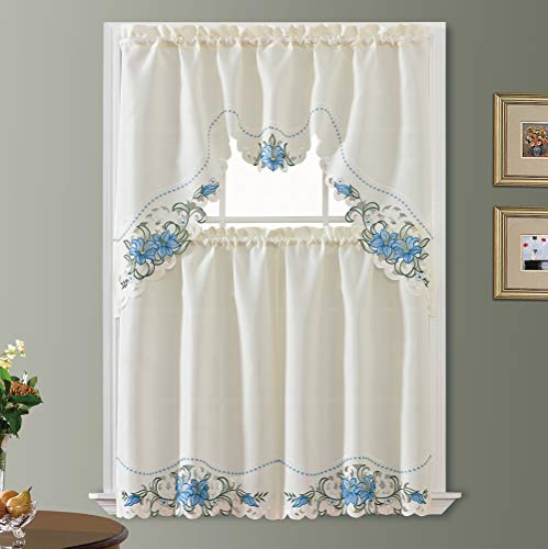 GOHD Lily Fragrance 3pcs Colorful Embroidery Kitchen Cafe Curtain Set.Blue - color: Blue