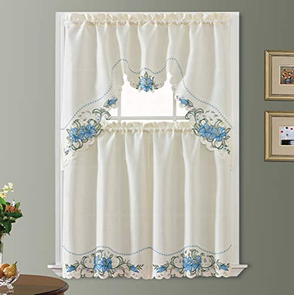GOHD Lily Fragrance 3pcs Colorful Embroidery Kitchen Cafe Curtain Set.Blue - color: Blue