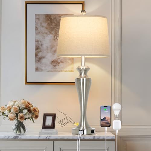 30 Inch Single Silver Table Lamp, 3-Way Dimmable Touch Bedroom Lamp with USB A+C Ports and AC Outlet, Modern Metal Brushed Nickel Living Room Lamp, Bedside Lamp for Nightstand Guest Room End Table - color: Silver-1PK