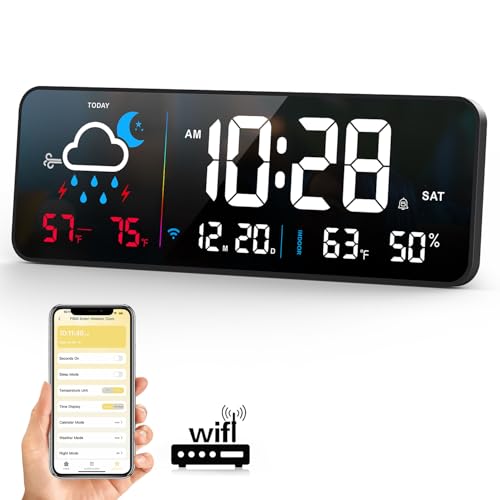 Digital Wall Clock, Digital Clock Large Display with Network Auto-Synced, Corded Smart LED Alarm Clocks Real-Time Shows Weather, Indoor/Outdoor Temp Humidity for Living Room Bedroom Classroom Office - color: Black