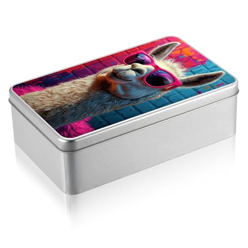 Metal Tin Box with Lid, Rectangular Silver Metal Storage Container, 7.09"×4.33"×2.17" Gift Decorative Empty Box, Alpaca Sunglasses - color: Alpaca Sunglasses, size: Large(7.09"×4.33"×2.17")