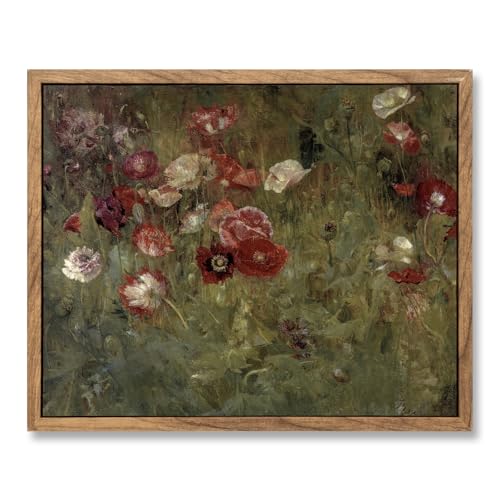 ElfLuna Wood Framed Canvas, Vintage Poppy Floral Botanical Still Life Print | Vintage poppy floral framed canvas. Retro farmhouse style, HD print, solid wood frame, lovely indoor wall decor. - color: A Bed of Poppies, size: 10"L x 8"W
