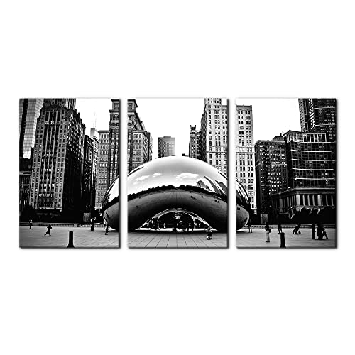 3 Pieces Black and White Wall Art - The Millennium Park in Downtown Chicago Photograph Picture Print on Canvas - Cloud Gate Canvas Wall Art for Modern Home Decor Ready to Hang - 16"x24"x3 Panel - color: Wallart-02, size: 16" x 24" x 3 Panels