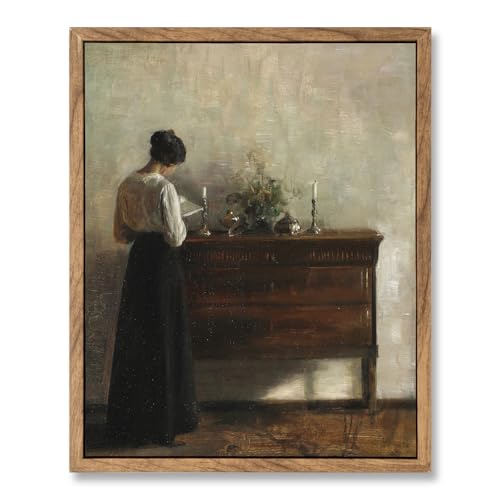 ElfLuna Wood Framed Canvas, Vintage Woman Reading Figurative Print - color: A Moment of Stillness, size: 10"L x 8"W