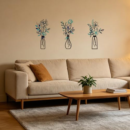 3PCS Metal Flowers Wall Decor, Modern Blue Floral Metal Art for Bathroom, Dining Room, Bedroom, Farmhouse Home Decoration
