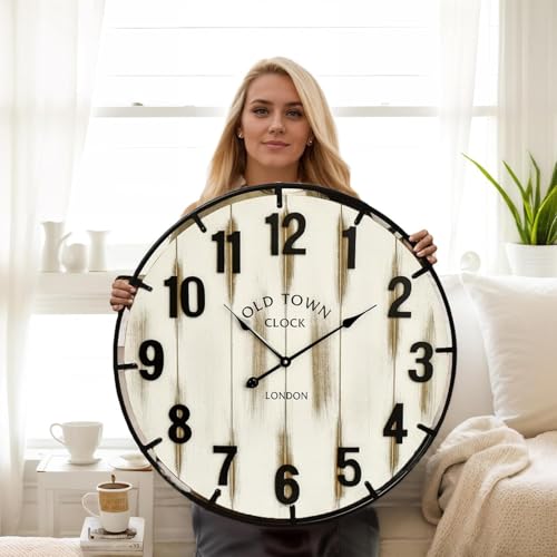 EMAX HOME Farmhouse White 30 Inch Wooden Large Wall Clock, Silent Non-Ticking Quartz Movement, Battery Operated Modern Rustic Clock for Living Room, Kitchen, Office, Home Decor - color: White, size: 30 Inch
