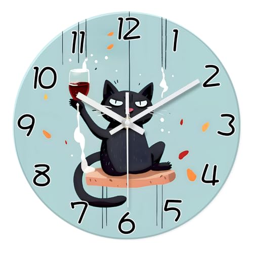 XNM Glass Analog Cat Wall Clock Battery Operated 12 Inch - color: Black, size: 12 Inch