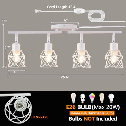 Dimmable Plug in Ceiling Light,Plug in Track Lighting,4 Light White Industrial Farmhouse Ceiling Light with 16.5' Cord,Adjustable Rotatable Cage Lamp Heads,E26 Base(Bulbs Not Included) - color: 4 Light White