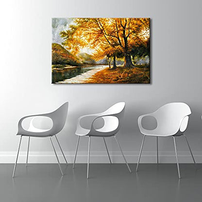 Wieco Art Giclee Canvas Prints Wall Art by Oil Paintings Reproduction Large Contemporary Autumn Trees Pictures for Living Room Bedroom Home Decorations Modern Wrapped Landscape Forest Artwork