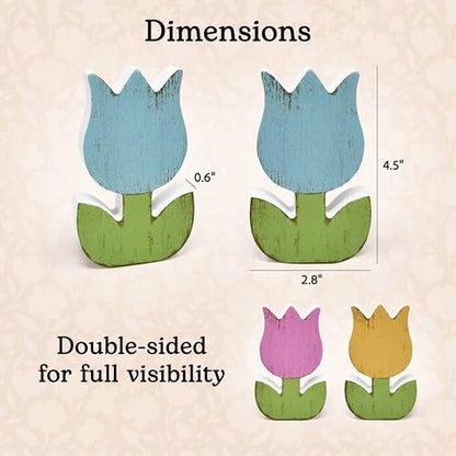 Gift Boutique 6Pcs Spring Tulip Wooden Signs Rustic Farmhouse Flower Table Decorations, Floral Tiered Tray Centerpieces, Tulips Flower Block Tabletop Home Decor