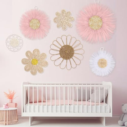 Chunful 7 Pcs Boho Wall Basket Decor Rattan Flower, Pink - color: Pink