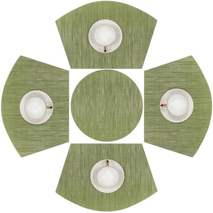 SHACOS Small Round Table Placemats Set of 5 Woven Vinyl Wedge Placemats with Centerpiece Round Table Mats Heat Resistant Wipe Clean (5, Green) - color: Green