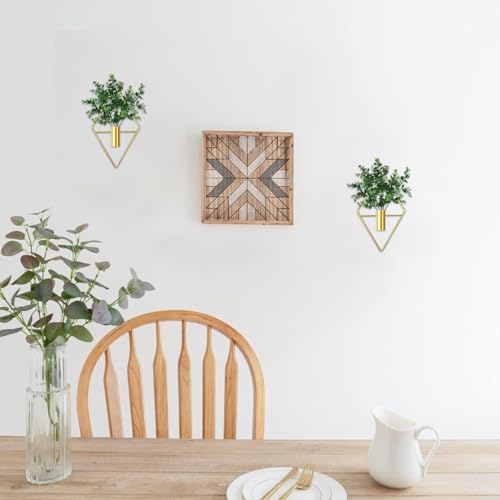 2 Pieces Diamond Shape Hanging Planters with Artificial Eucalyptus Plants Metal Vase Indoor Holder Modern Geometric Wall Decor for Home Living Room (Gold)