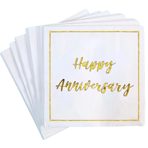 Happy Anniversary Decorations, 50 Pack, Gold Foil Cocktail Napkins, Wedding Dating Anniversaries Decorations Decor Supplies, Beverage Napkin