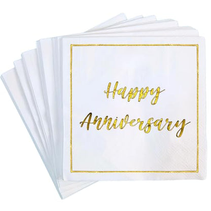 Happy Anniversary Decorations, 50 Pack, Gold Foil Cocktail Napkins, Wedding Dating Anniversaries Decorations Decor Supplies, Beverage Napkin