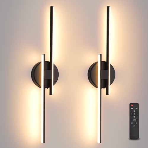 Rechargeable Battery Operated Wall Sconce Set Of Two, Black Wireless LED Wall Sconces With Remote Control, Dimmable 3 Colors Cordless wall lights for Living Room, bedroom, Hallway, 23.6 Inch ( 2pcs) - color: Black, size: 23.6" 2-Pack