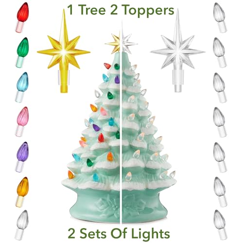 Casafield Hand Painted Ceramic Christmas Tree, Seafoam Green Snow Flocked 15-Inch Pre-Lit Tree with 128 Multi Color Lights and 2 Star Toppers - color: Seafoam Snow Flocked