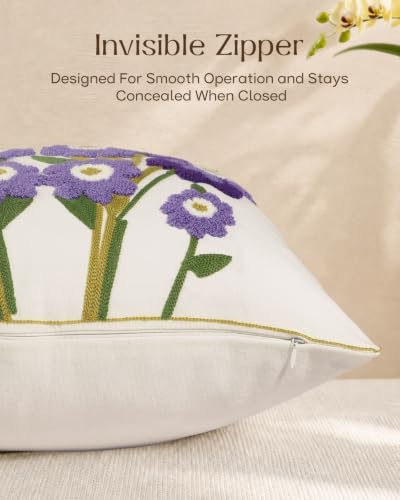 Embroidered Floral Throw Pillow Cover 18x18 Inch, Purple Flower - color: Purple Flower, size: 18" x 18" (Pack of 1)
