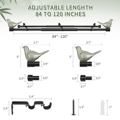 3/4" Diameter Farmhouse Double Window Treatment Curtain Rod, Pewter Bird Finials (84"-120", Black Rod) - color: Black with Pewter Finial, size: 84"-120"