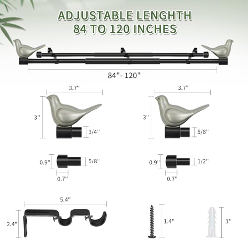 3/4" Diameter Farmhouse Double Window Treatment Curtain Rod, Pewter Bird Finials (84"-120", Black Rod) - color: Black with Pewter Finial, size: 84"-120"