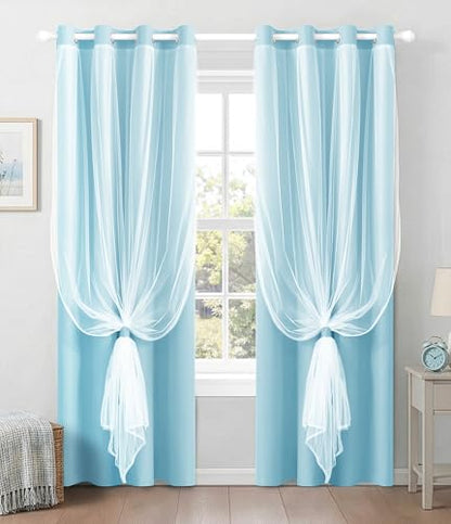 100% Blackout Curtains with Sheer Overlay, Blue, 52 x 84 inch, 2 Panels - color: Light Blue, size: 52"W x 84"L (Pack of 2)