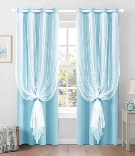 100% Blackout Curtains with Sheer Overlay, Blue, 52 x 96 inch, 2 Panels - color: Blue, size: 52"W x 96"L (Pack of 2)
