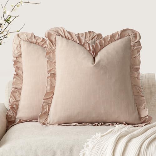 Foindtower Linen Fringe Ruffle Throw Pillow Covers 18×18 Inch Light Pink - color: Light Pink, size: 18" x 18" (Pack of 2)