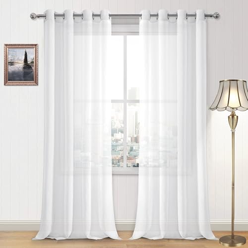 DWCN White Sheer Curtains Linen Look Grommet Long Curtain for Bedroom Voile Sheer Drapes Set of 2 Panels, 52 x 108 Inch Length - color: White, size: 52"W x 108"L (Pack of 2)