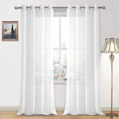 DWCN White Sheer Curtains Linen Look Grommet Long Curtain for Bedroom Voile Sheer Drapes Set of 2 Panels, 52 x 108 Inch Length - color: White, size: 52"W x 108"L (Pack of 2)