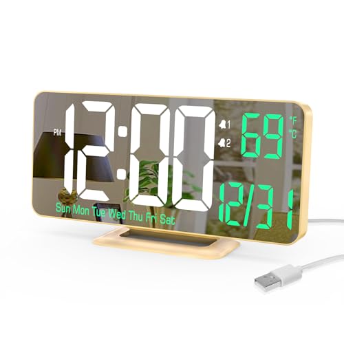KOSUMOSU Desk Clock for Bedroom Accessories 6.7in Gold Digital Alarm Clock with Dimming,12/24h, Date, Day of Week, Temp, LED Clock, Modern Digital Calendar Clocks for Living Room Essentials - color: Gold Clock