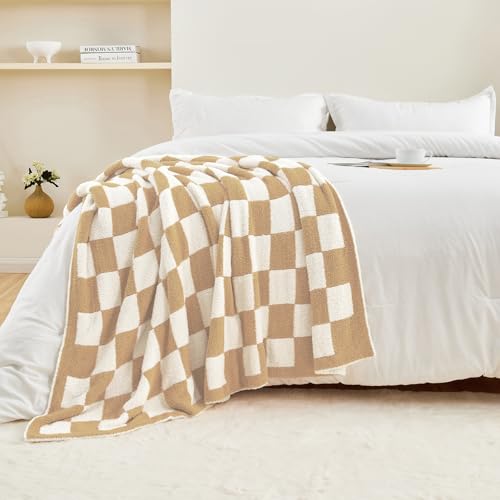 CozeCube Beige White Reversible Checkered Knit Throw Blanket 50"x60" - color: Khaki Tan, size: 50"x60"