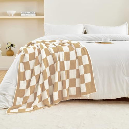 CozeCube Beige White Reversible Checkered Knit Throw Blanket 50"x60" - color: Khaki Tan, size: 50"x60"