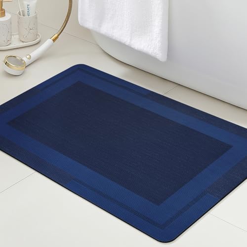 ACCUMTEK Non Slip Bath Mat, Thin Bathroom Rugs Fit Under Door, Quick Dry Bath Mats, Machine Washable Bath Rugs for Bathroom, Bathtub & Kitchen, Bathtub, Dark Blue/Bordered/32 x20 - color: Dark Blue, size: 1'8" x 2'8" (Rectangular)