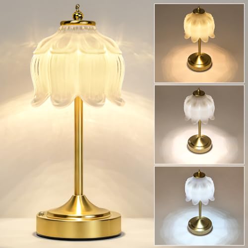 White Glass Flower Lamp, Rechargeable Cordless Table Lamp - color: White