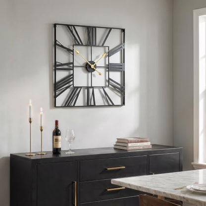 Cuspin 24 Inch Square Wall Clock, Large Black Metal Roman Numeral Clock - color: Black Roman Square, size: 24 Inch