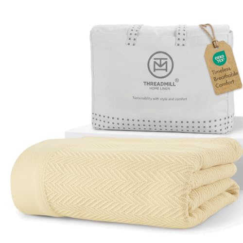 Threadmill Vanilla Cream 100% Combed Cotton King Size Blanket, All-Season Soft Breathable Light Weight Herringbone Throw - color: Vanilla Cream, size: King (106" x 92")