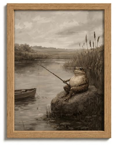 Framed Vintage Frog Fishing Canvas Wall Art,Funny Toad by the River Print Wall Decor,Retro Whimsical Animal Painting,Cottagecore Pond Poster,Cute Frog Artwork for Home Decoration - color: Frog, size: 16"L x 12"W
