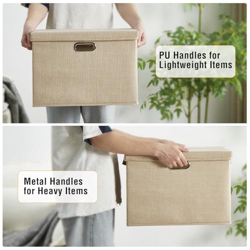17" Large Fabric Storage Box with Lids, 3-Pack, Khaki - color: khaki, size: Large-17"