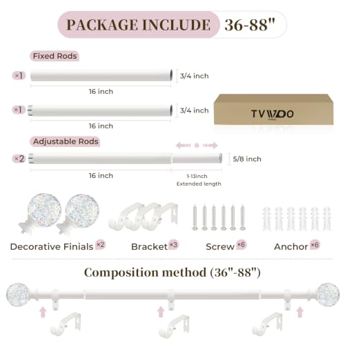 TVWOO White Rainbow Curtain Rods Adjustable Heavy Duty Crystal Ball,36-88" - color: White, size: 36-88" ( 1pack )